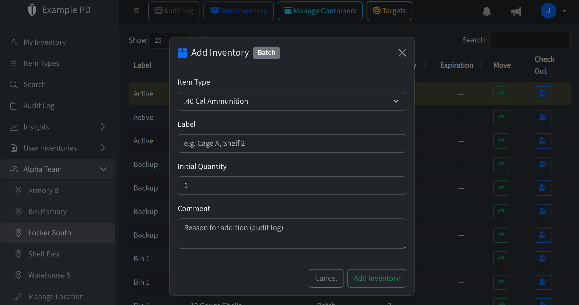 Location inventory view with Add inventory