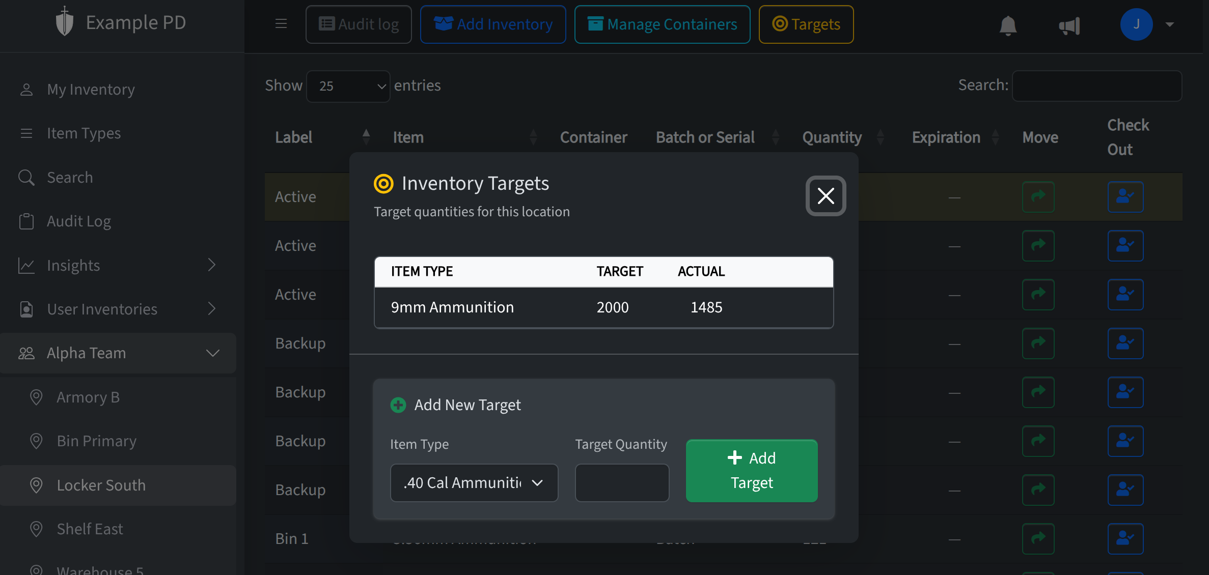 Adding a target (minimum quantity) for an item type in the inventory view