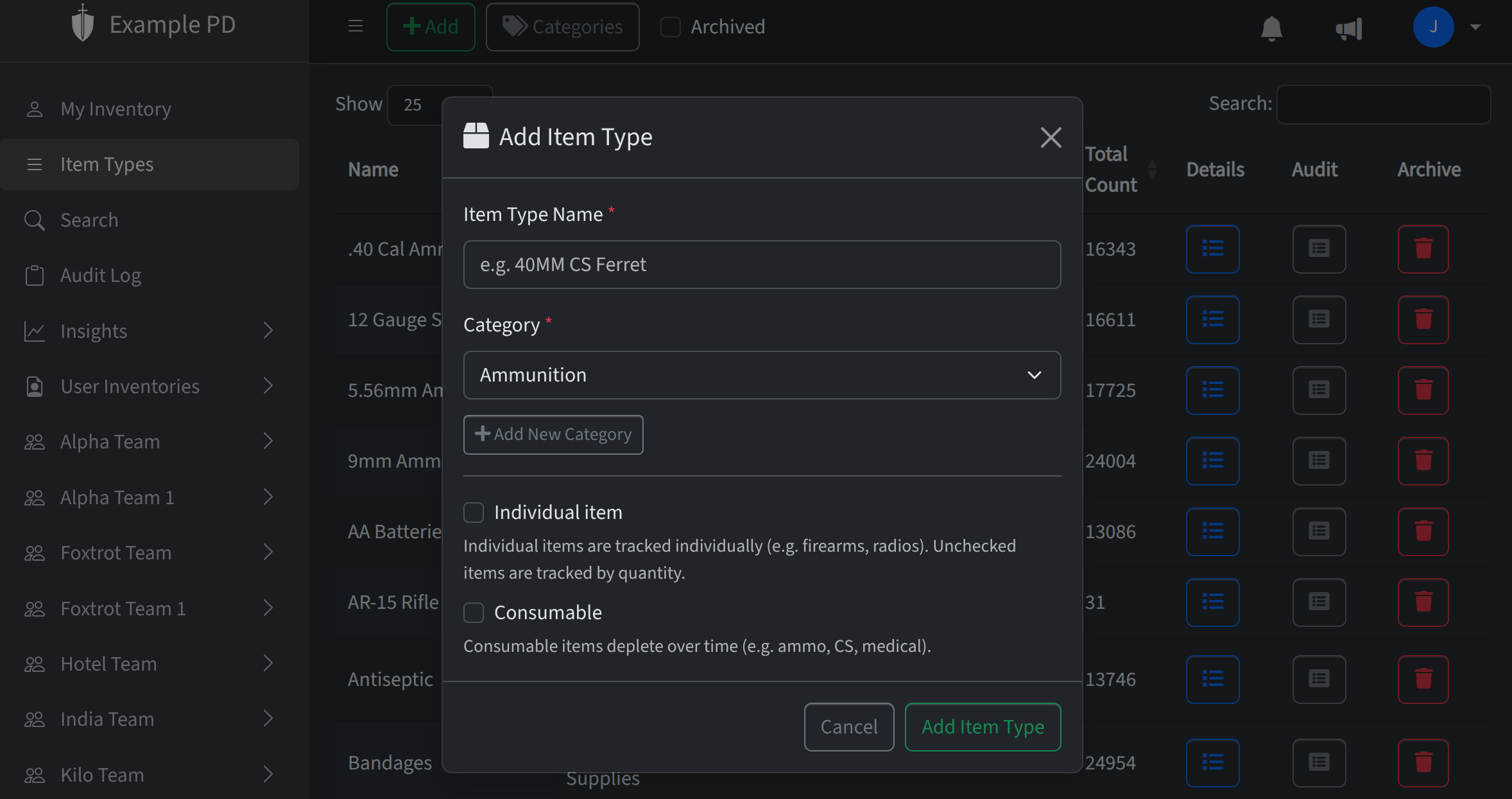 Item Types page with Add button and item type list
