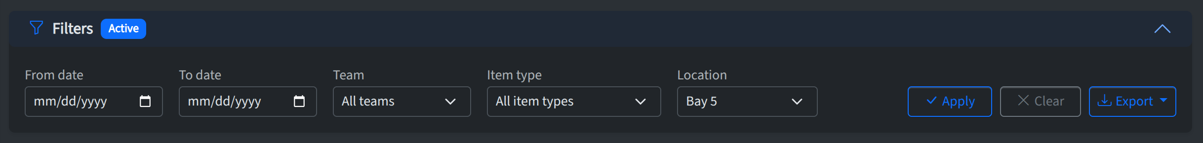 Audit log Filters panel (date range, team, item type, location)