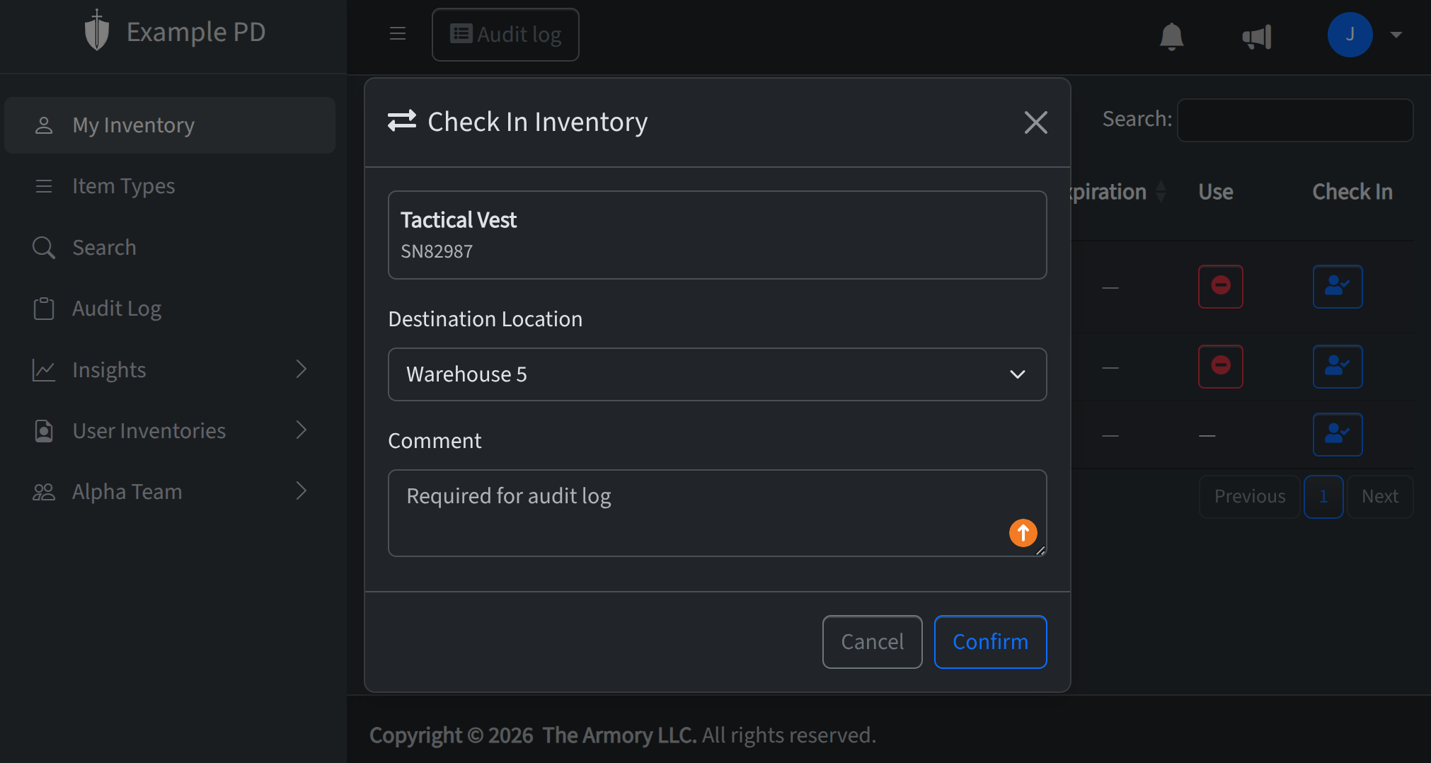 Check in form with destination selection
