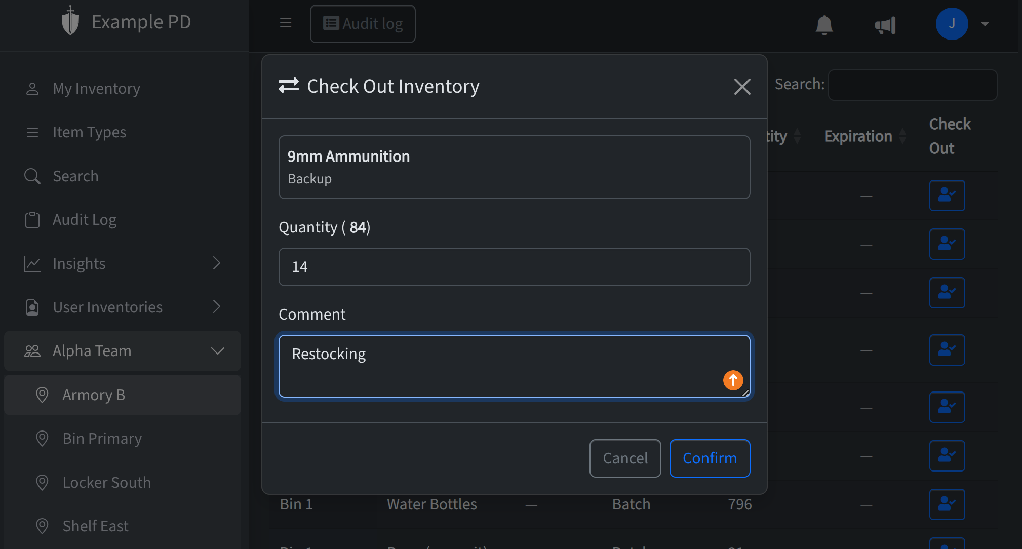 Check out form or button on inventory row