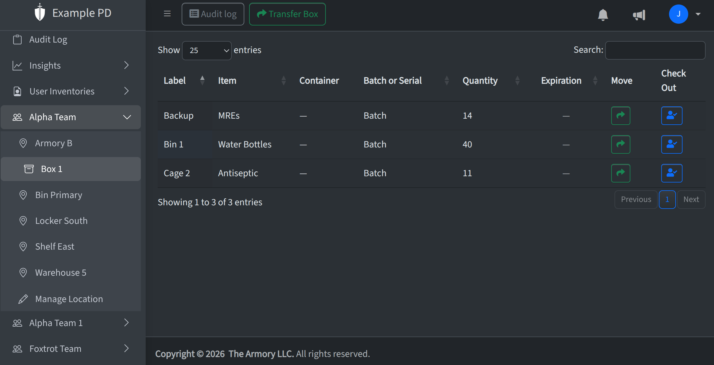 Container summary or inventory view for a container