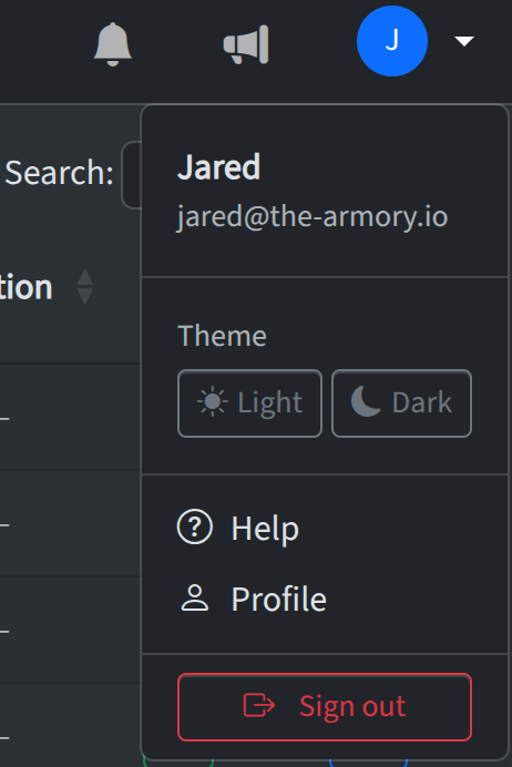 User menu in top-right with Profile link