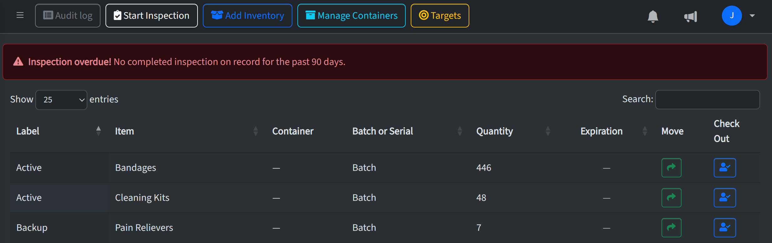Location inventory with Inspect column and start/finish inspection actions