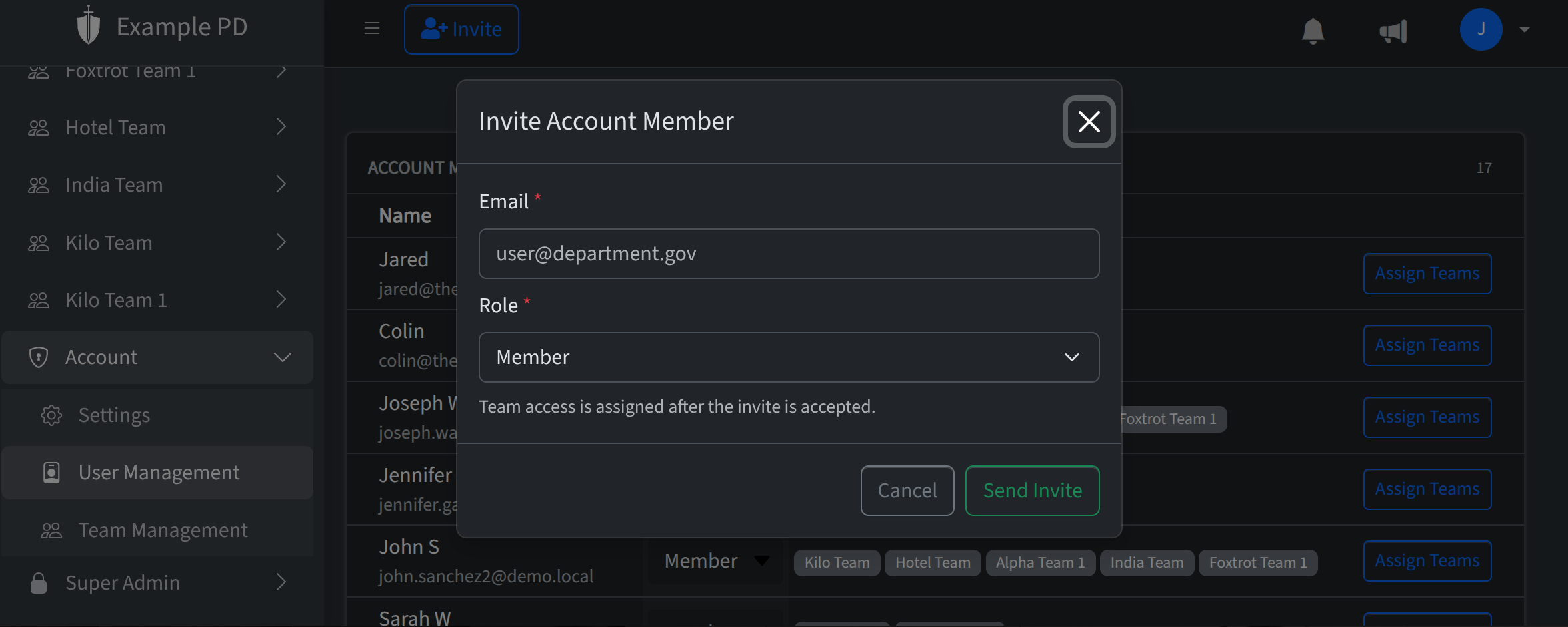 User Management with Invite member and team assignment