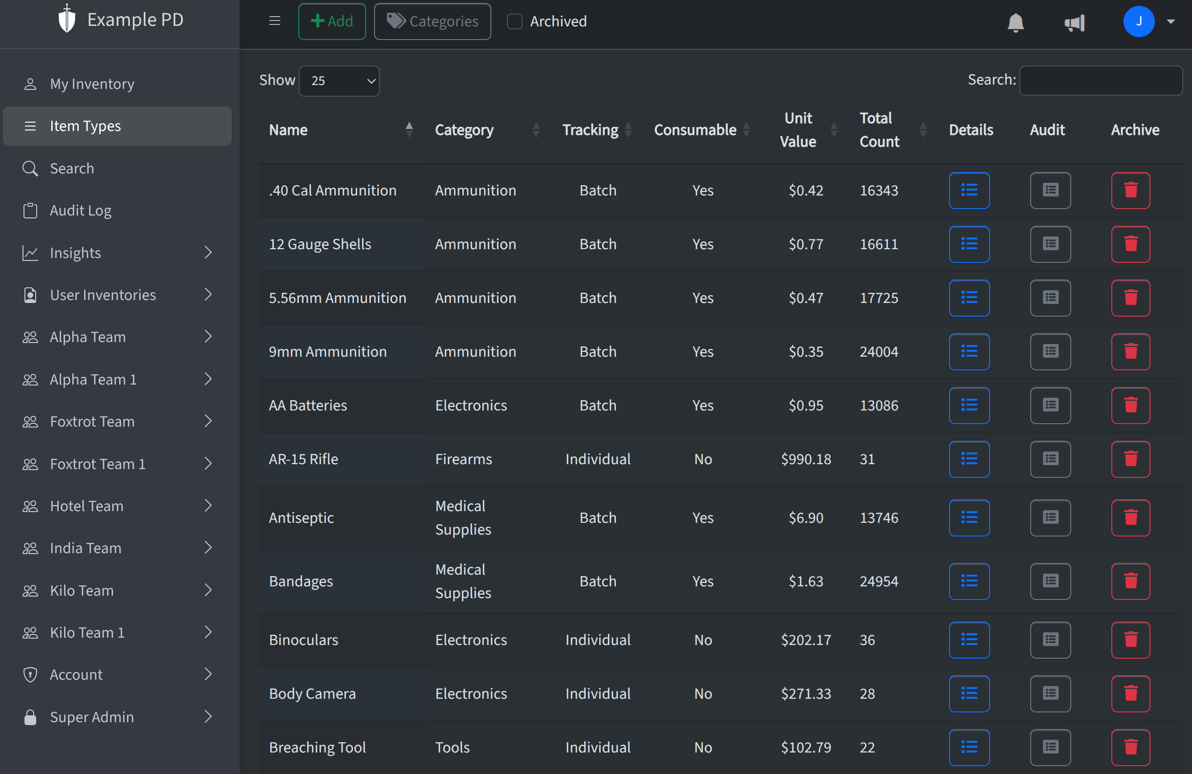 Item Types page showing list of item types with categories