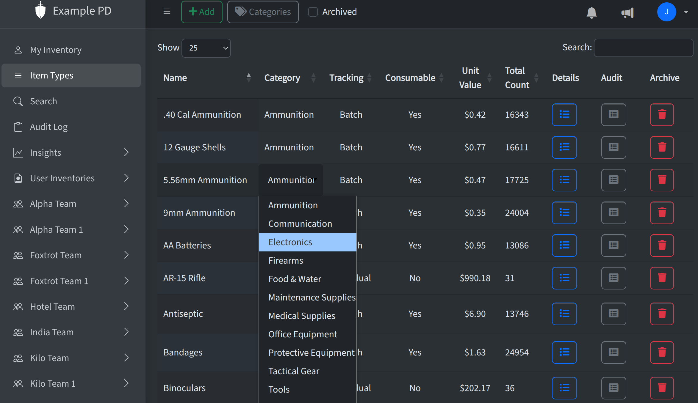 Item type row with editable fields (name, category, unit value); total count read-only