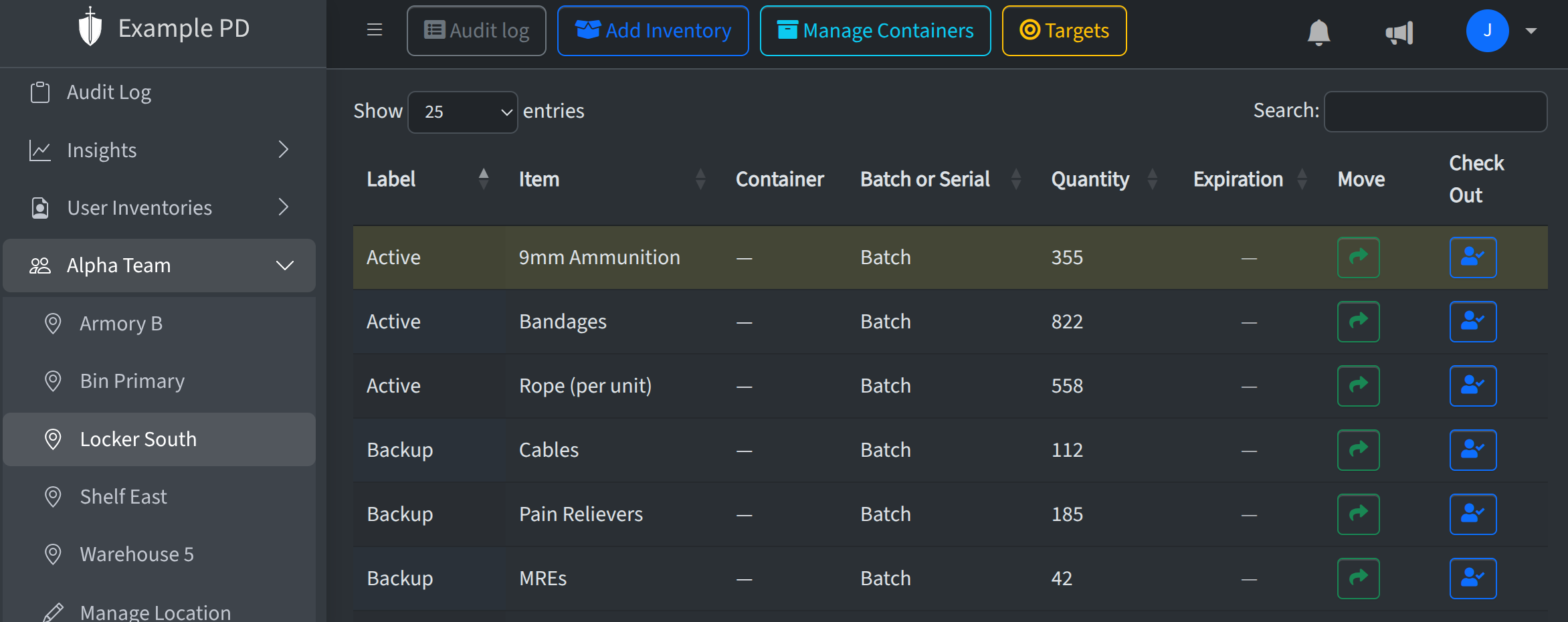 Inventory view with low-stock rows highlighted in yellow