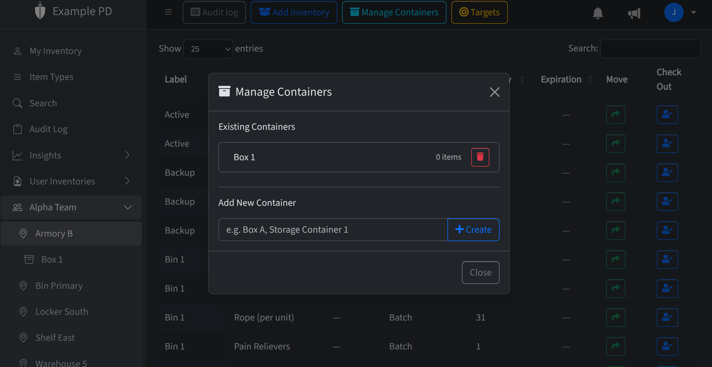 Managing containers: sidebar or Manage Location with containers listed