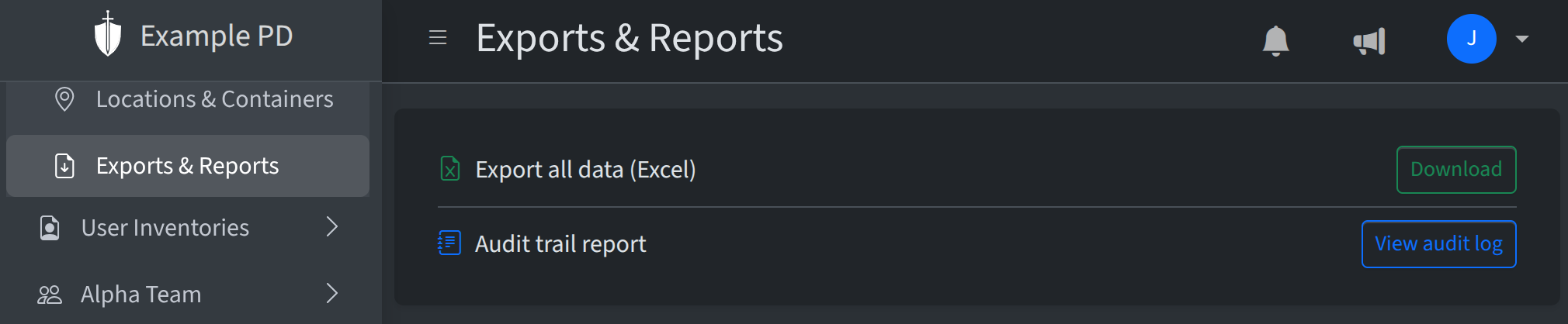Exports & Reports page with Export all data and Audit trail report