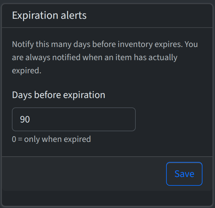 Account Settings with Expiration alerts card (days before expiration)