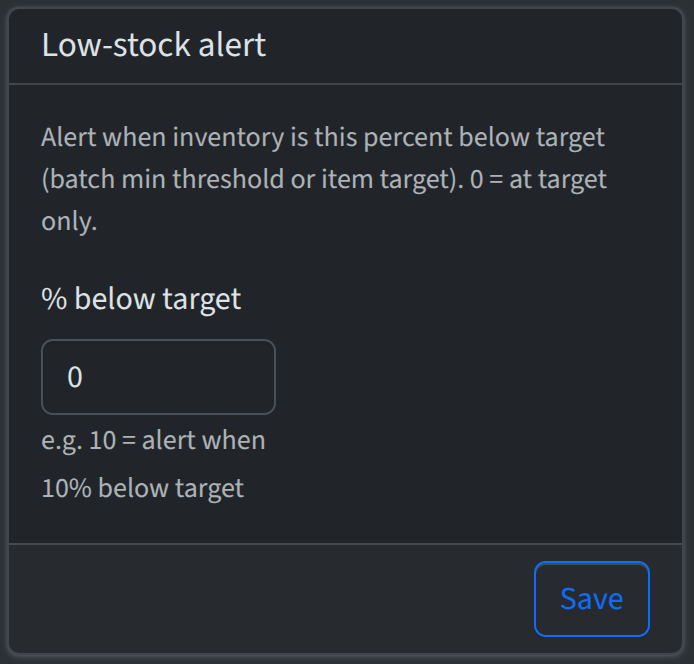 Account Settings with Low-stock alert card (% below target)