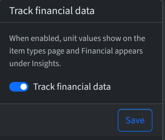 Account Settings with Track financial data toggle