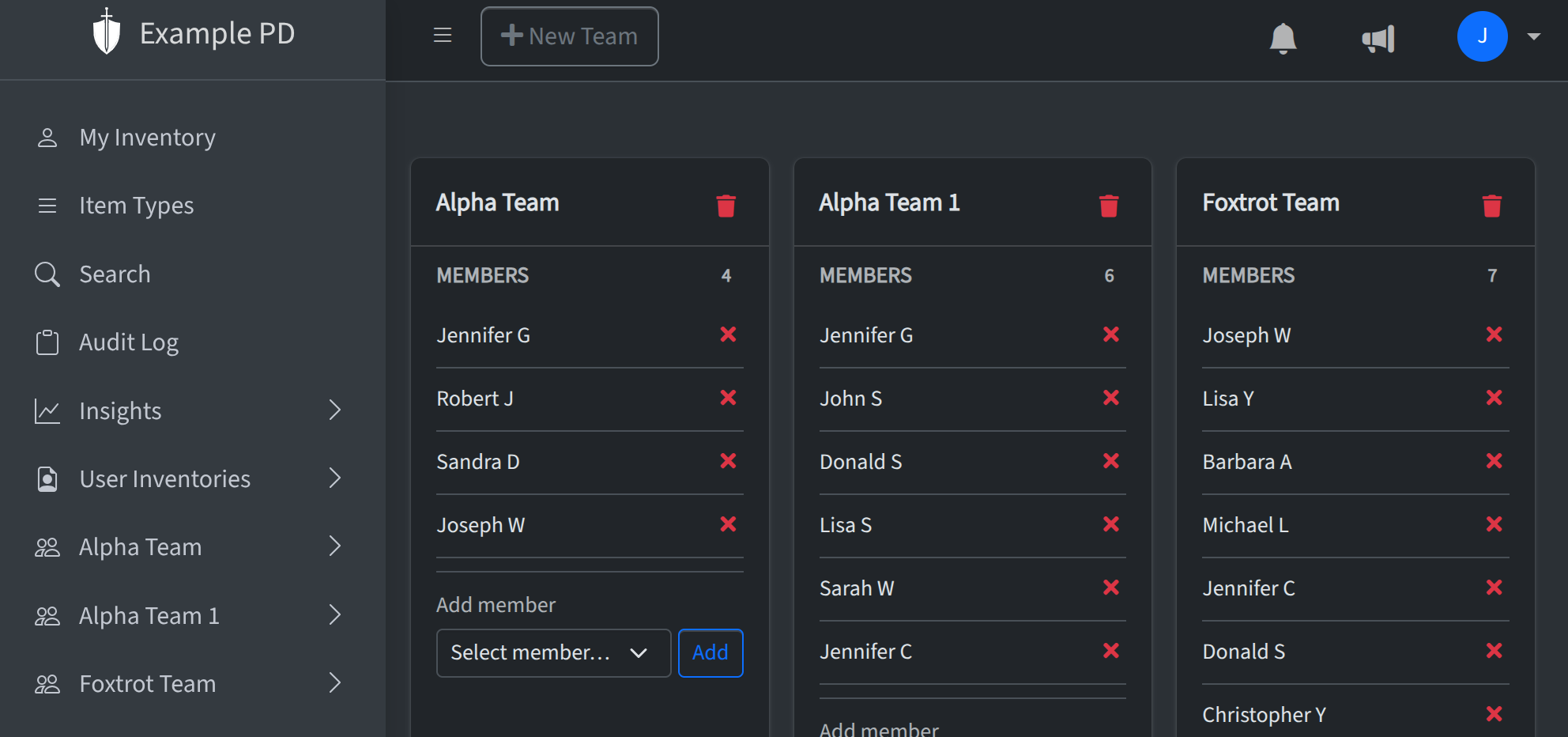 Team Management page with Create team / team list