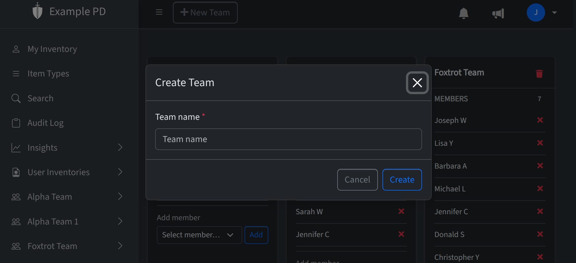 Team Management with New Team and team cards