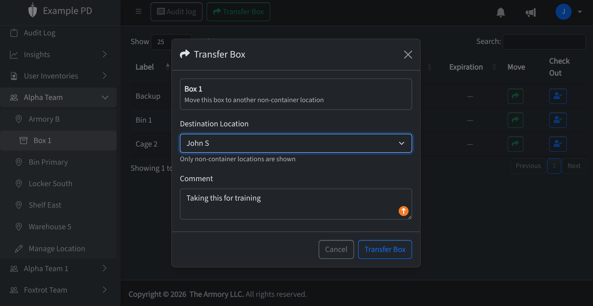 Transfer container: moving a container to another location