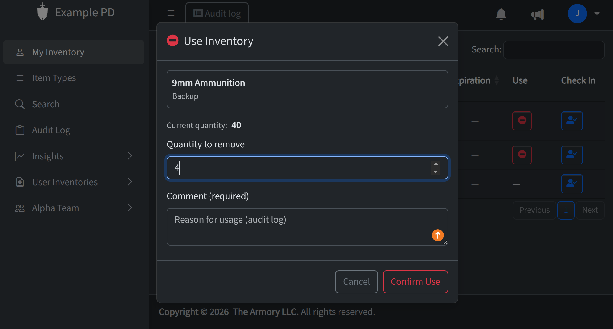 Use inventory form with quantity and comment